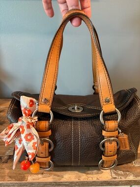 Coach Chelsea Brown Pebbled Leather Satchel with Tan Trim